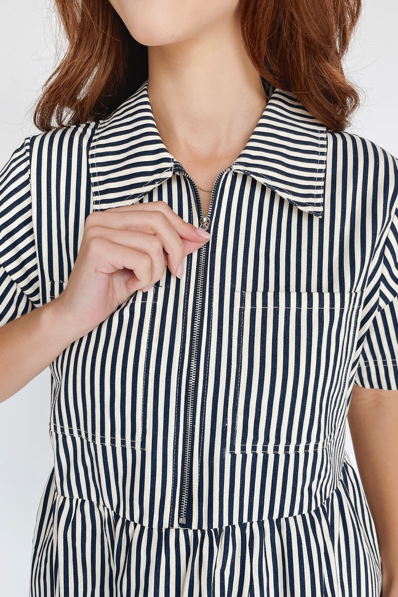 The Tenney Striped Half Zip Midi Dress in Navy + Cream