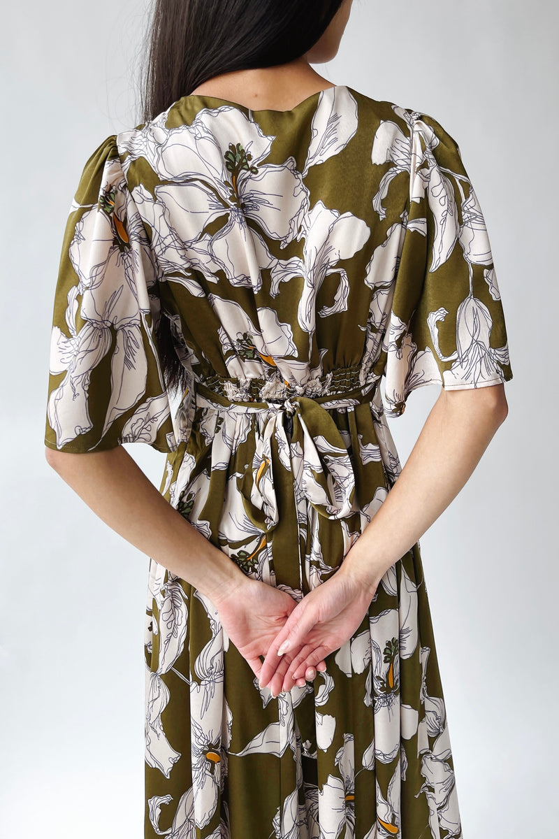 The Romano Piped Detail Floral Maxi Dress in Olive