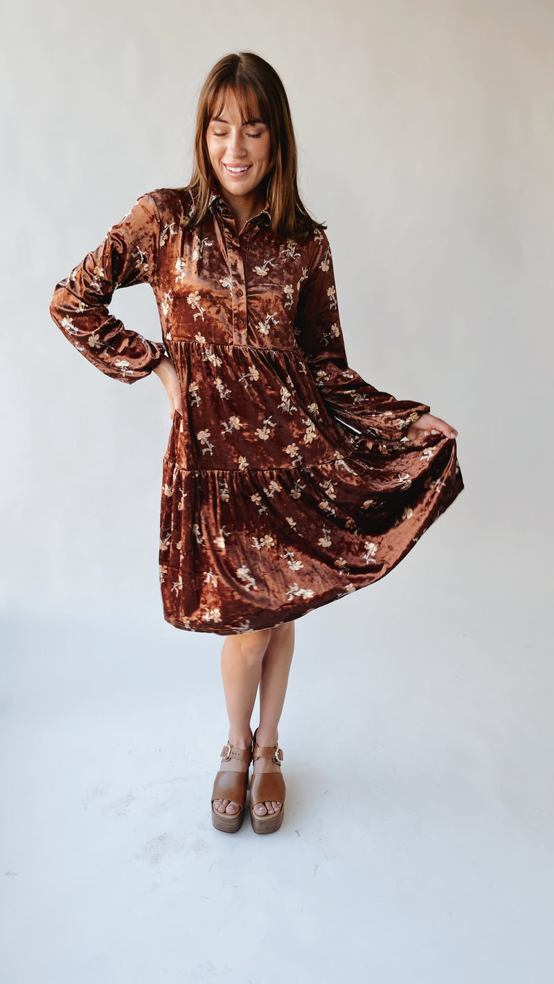 The Thweatt Floral Detail Dress in Brown Velvet