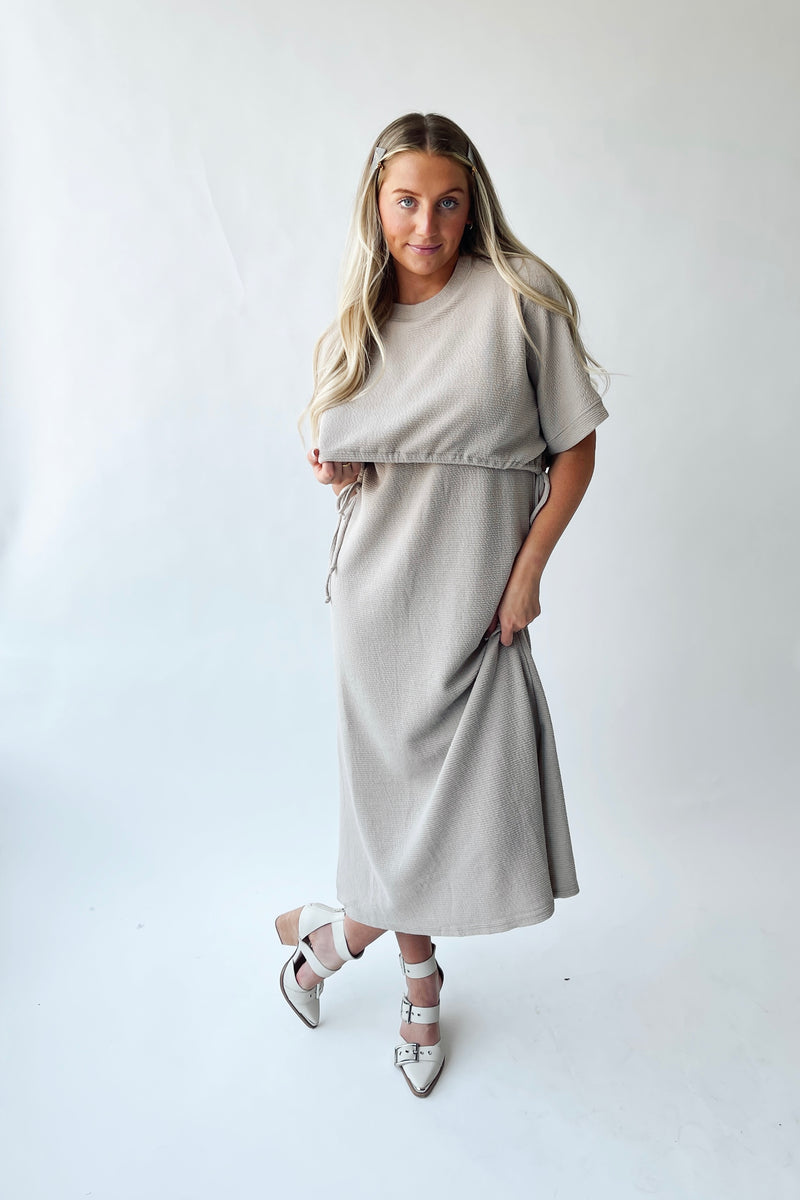 The Andra Tie Detail Midi Dress in Taupe