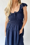 The Malta Shirred Bodice Midi Dress in Navy