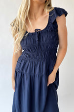 The Malta Shirred Bodice Midi Dress in Navy