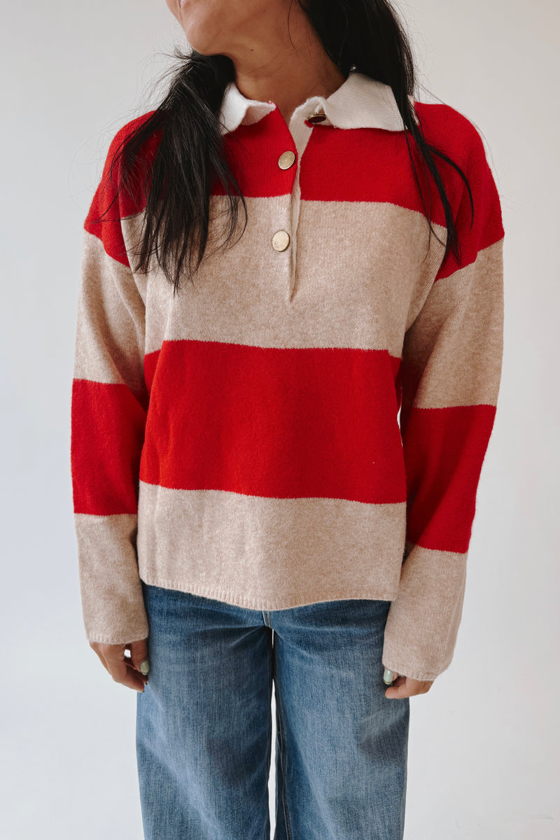 The Danielson Striped Polo Sweater in Taupe + Red