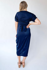 The Kyrie Satin Dolman Sleeve Midi Dress in Navy