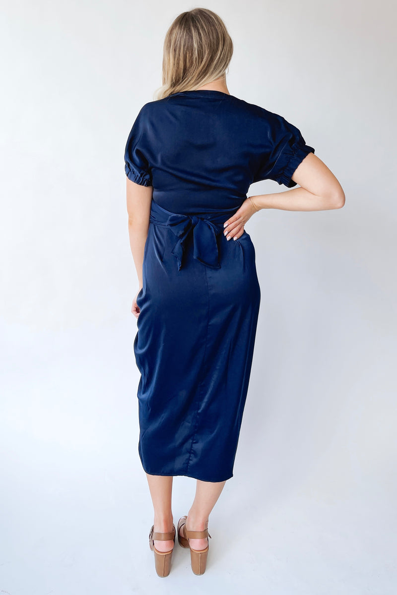 The Kyrie Satin Dolman Sleeve Midi Dress in Navy