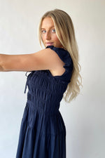 The Malta Shirred Bodice Midi Dress in Navy