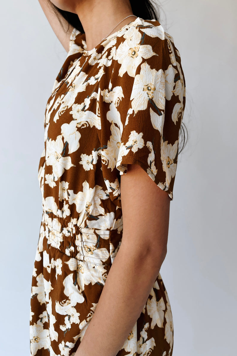 The Nicolette Floral Tiered Midi Dress in Brown Multi
