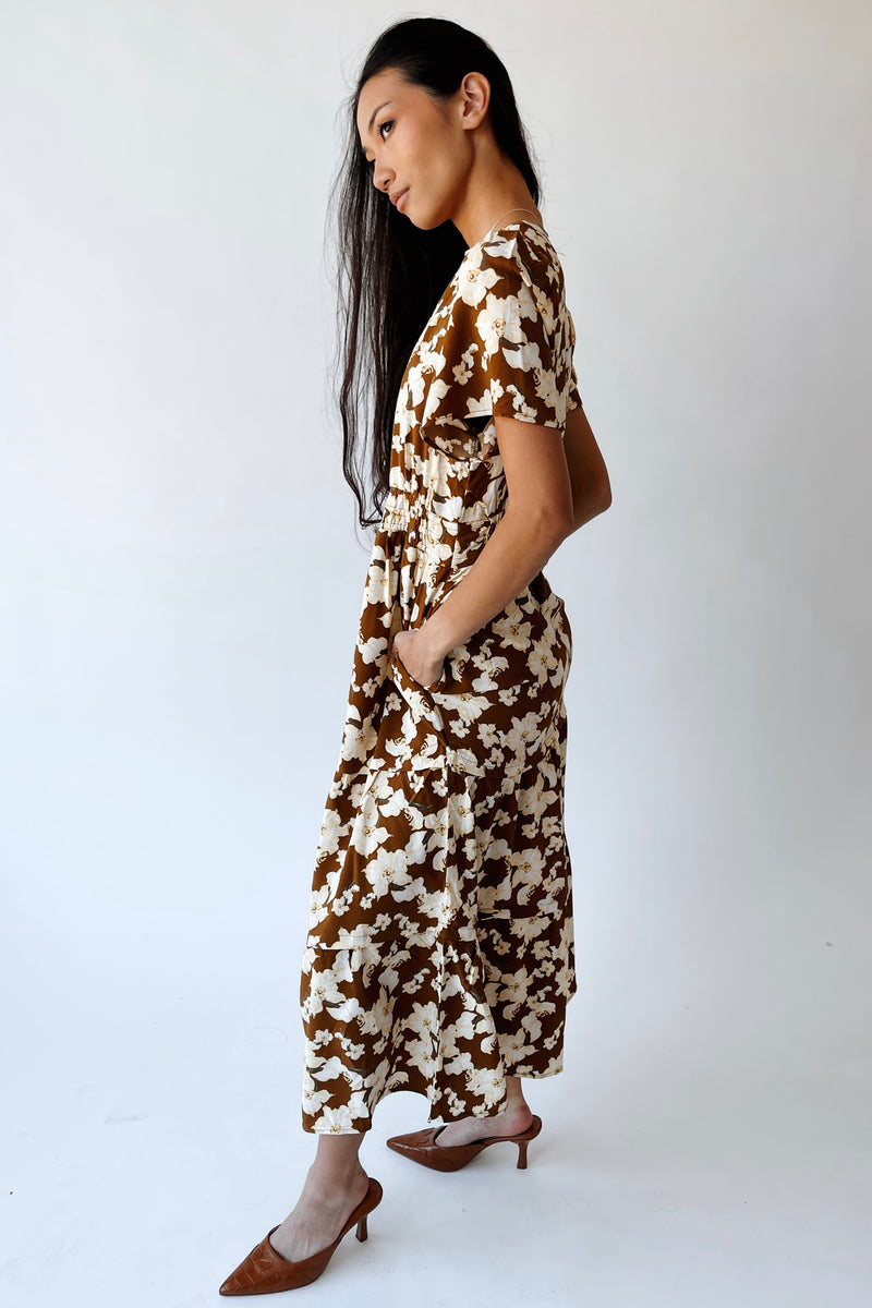 The Nicolette Floral Tiered Midi Dress in Brown Multi