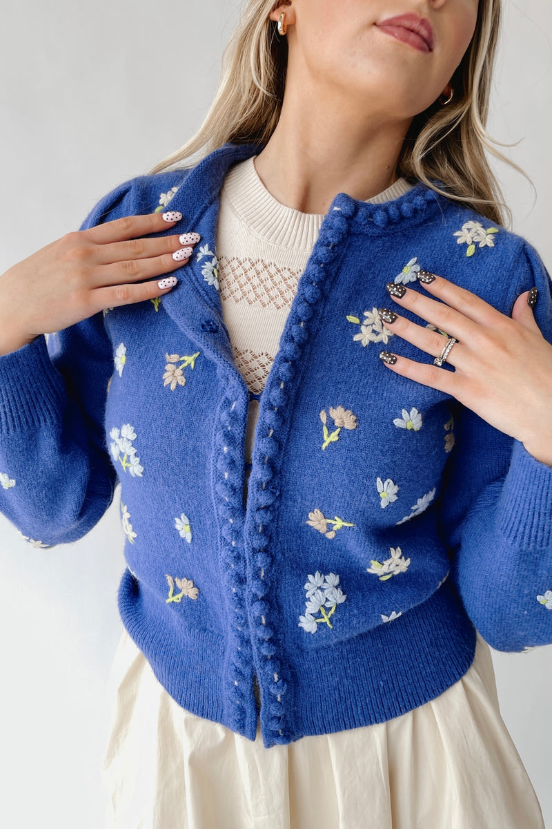 The Conlan Floral Embroidered Cardigan in Blue