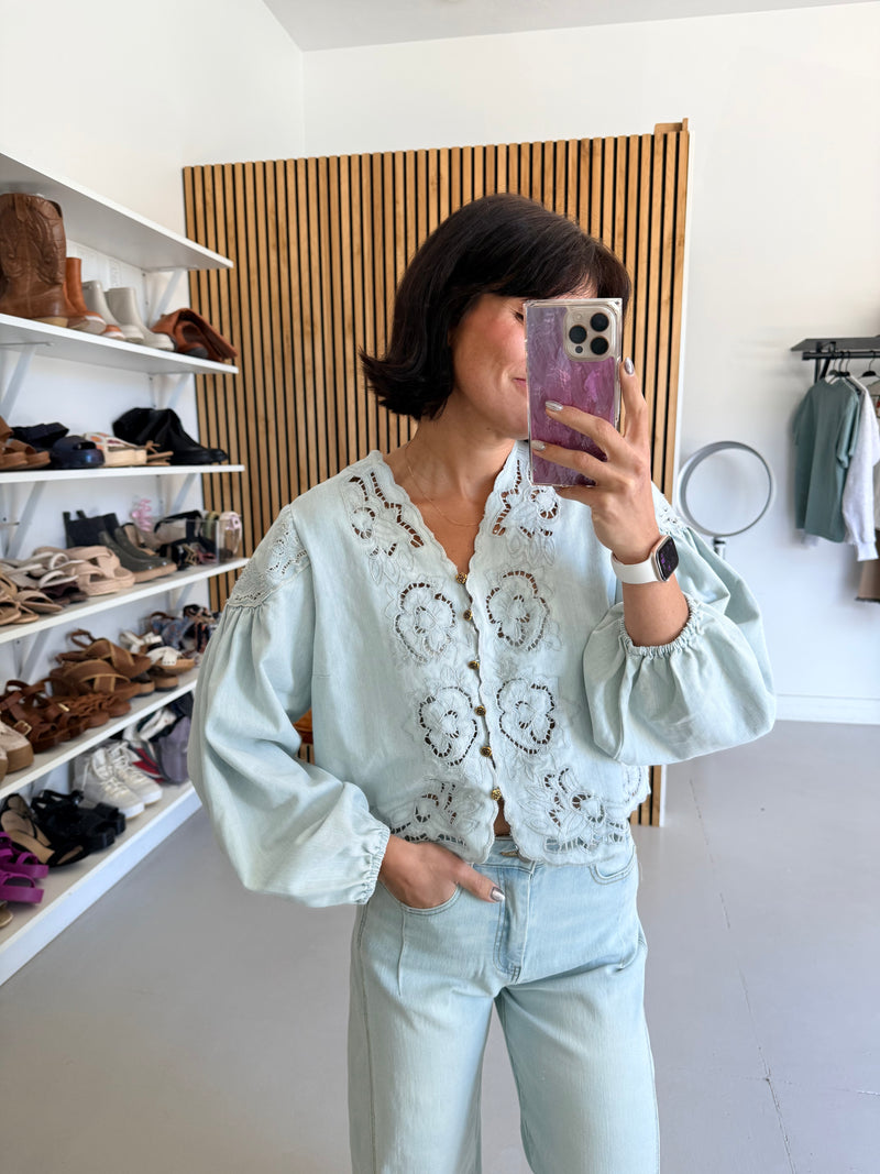 The Sanborn Embroidered Blouse in Denim