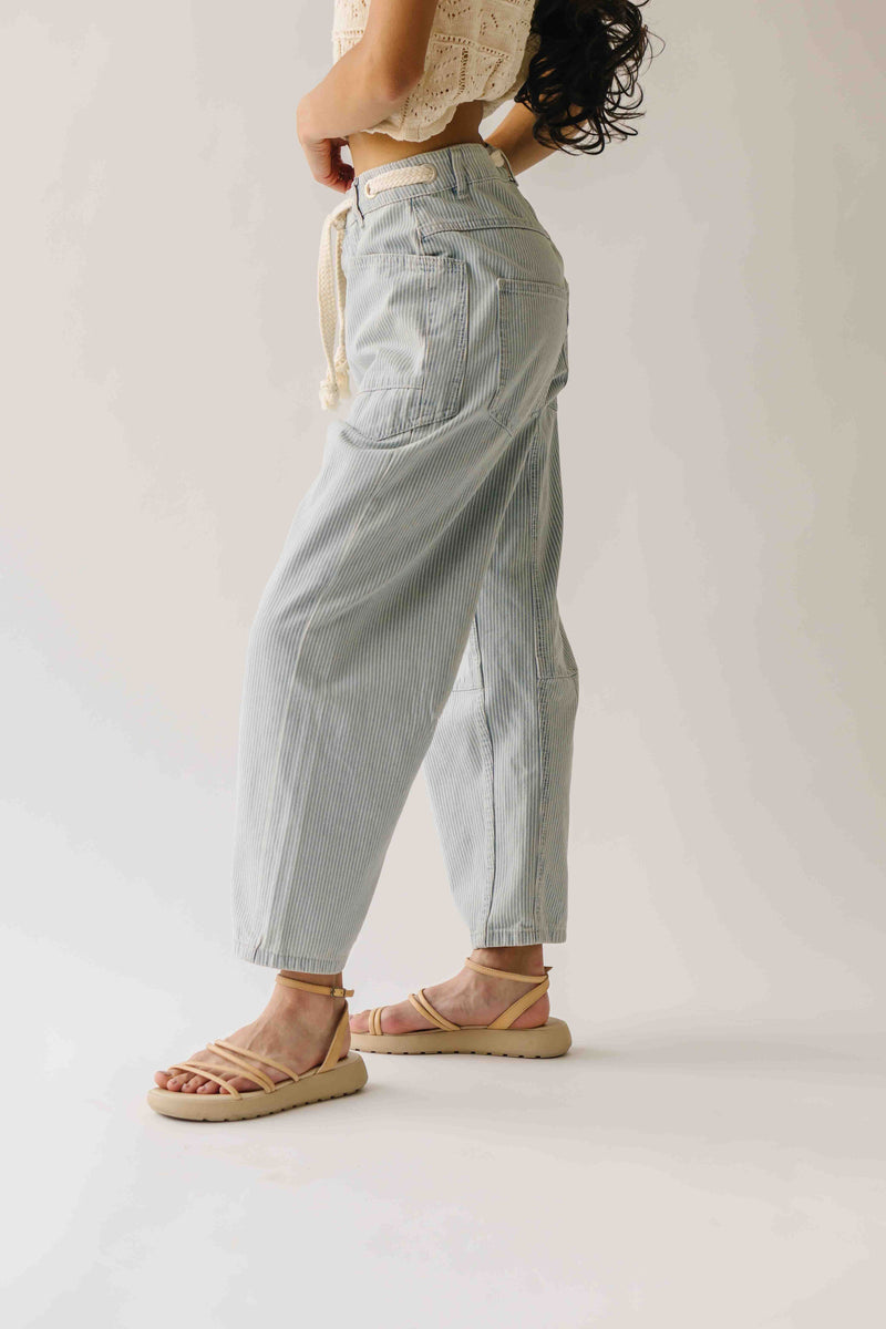 The Yorkana Eyelet Waist Barrel Jean in Striped Denim