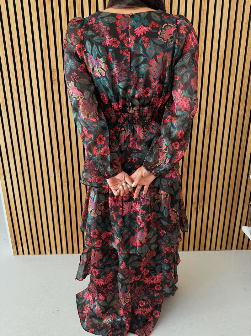The Keshla Tiered Organza Maxi Dress in Black + Red