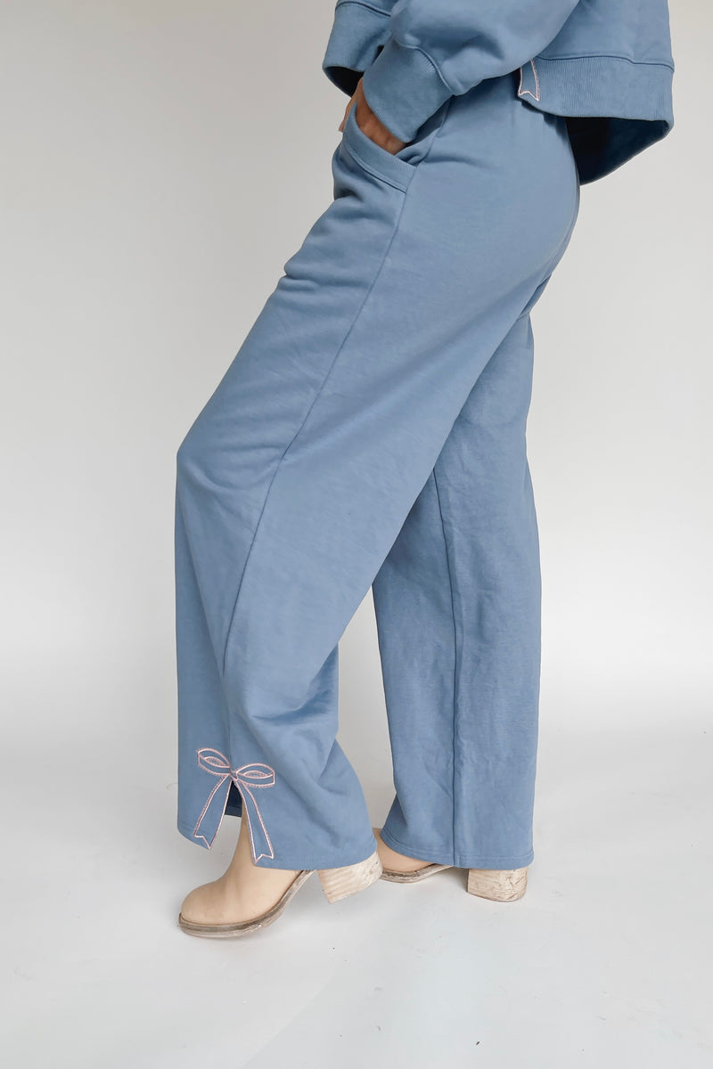 The Stevison Bow Embroidered Pant in Dusty Blue