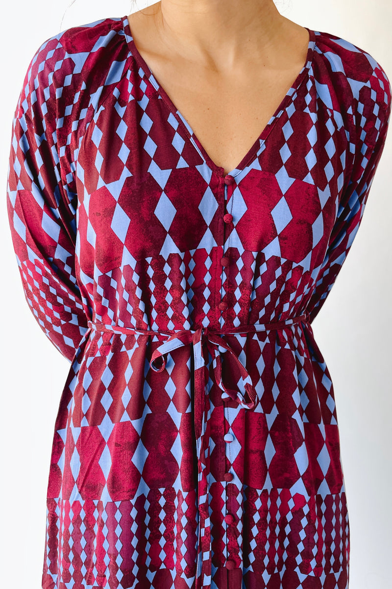 The Michelle V-Neck Patterned Dress in Burgundy + Blue