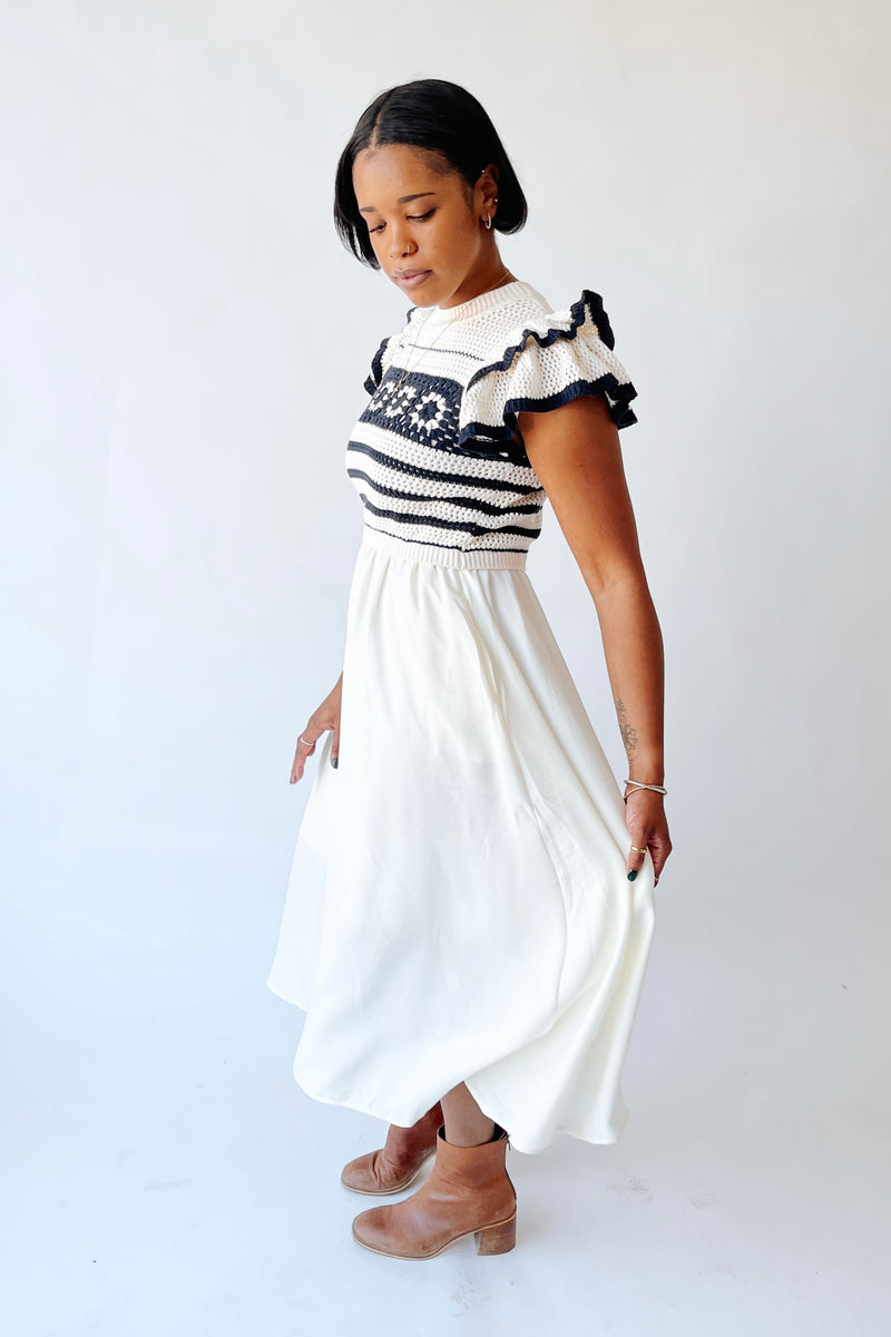 The Blaire Crochet Bodice Midi Dress in Cream