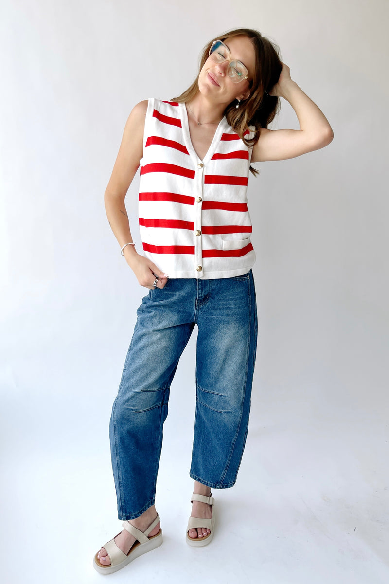 The Hanney Striped Knit Sweater Vest in Red + White