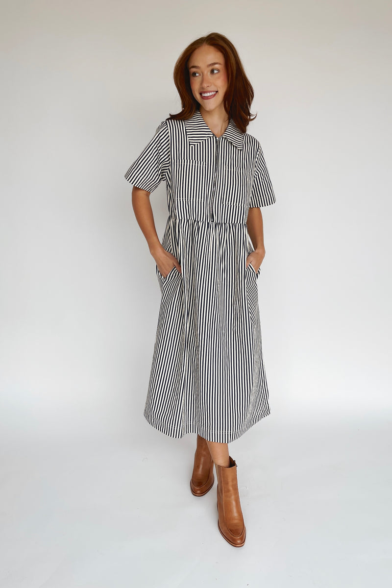 The Tenney Striped Half Zip Midi Dress in Navy + Cream