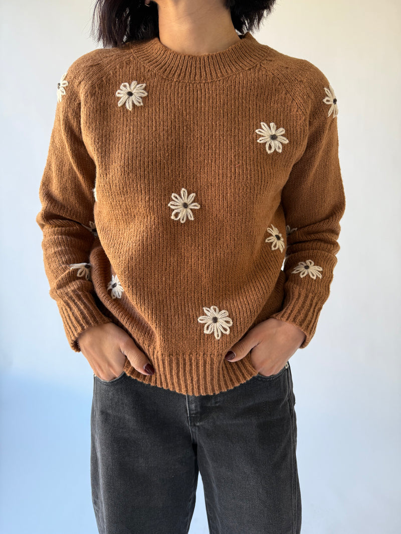 The Rowell Flower Embroidered Sweater in Mocha