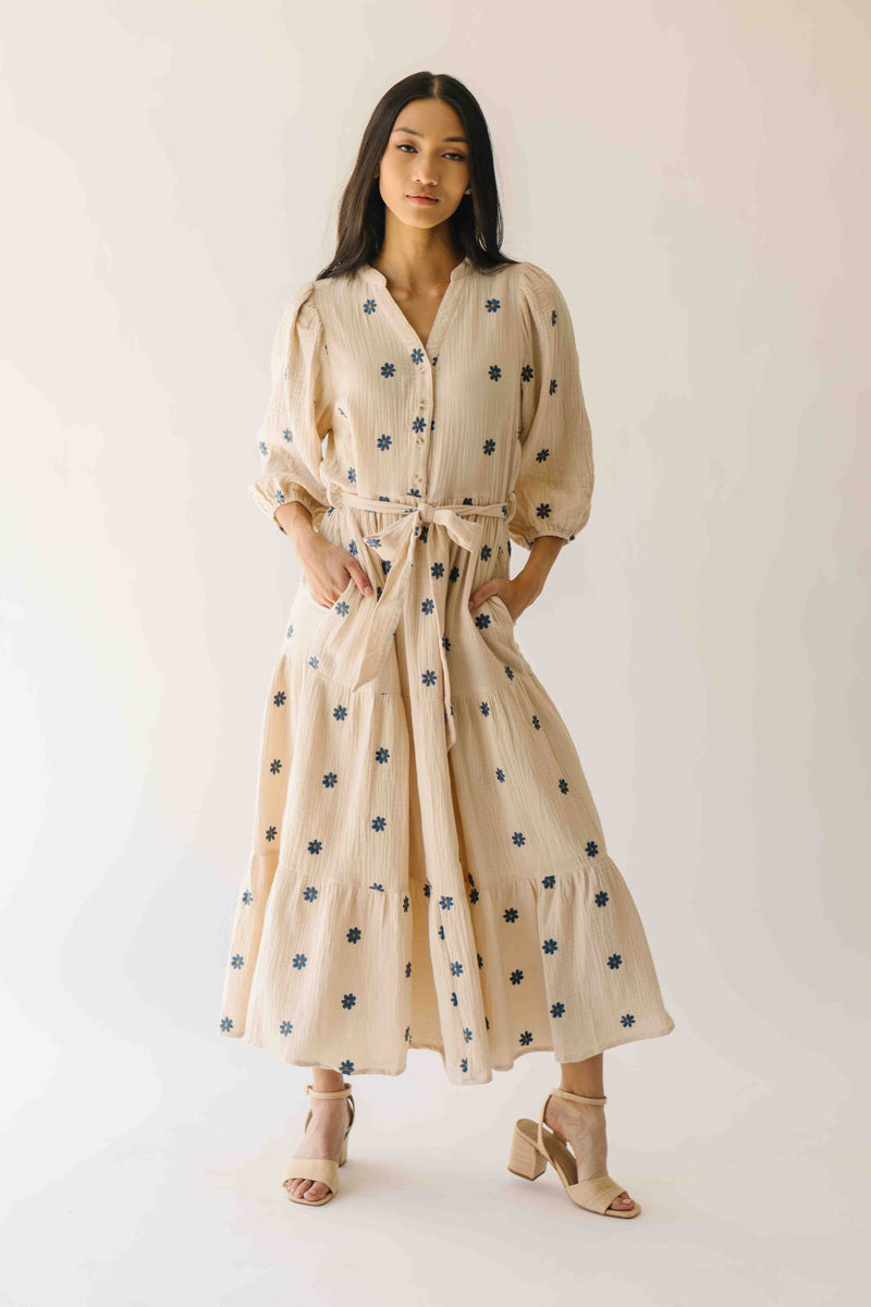 The Odette Printed Floral Midi Dress in Natural + Navy