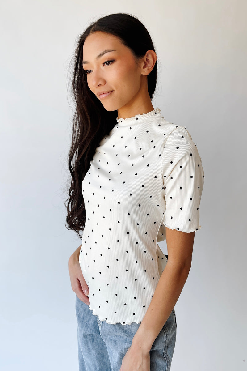 The Julissa Polka Dot Ribbed Blouse in Cream