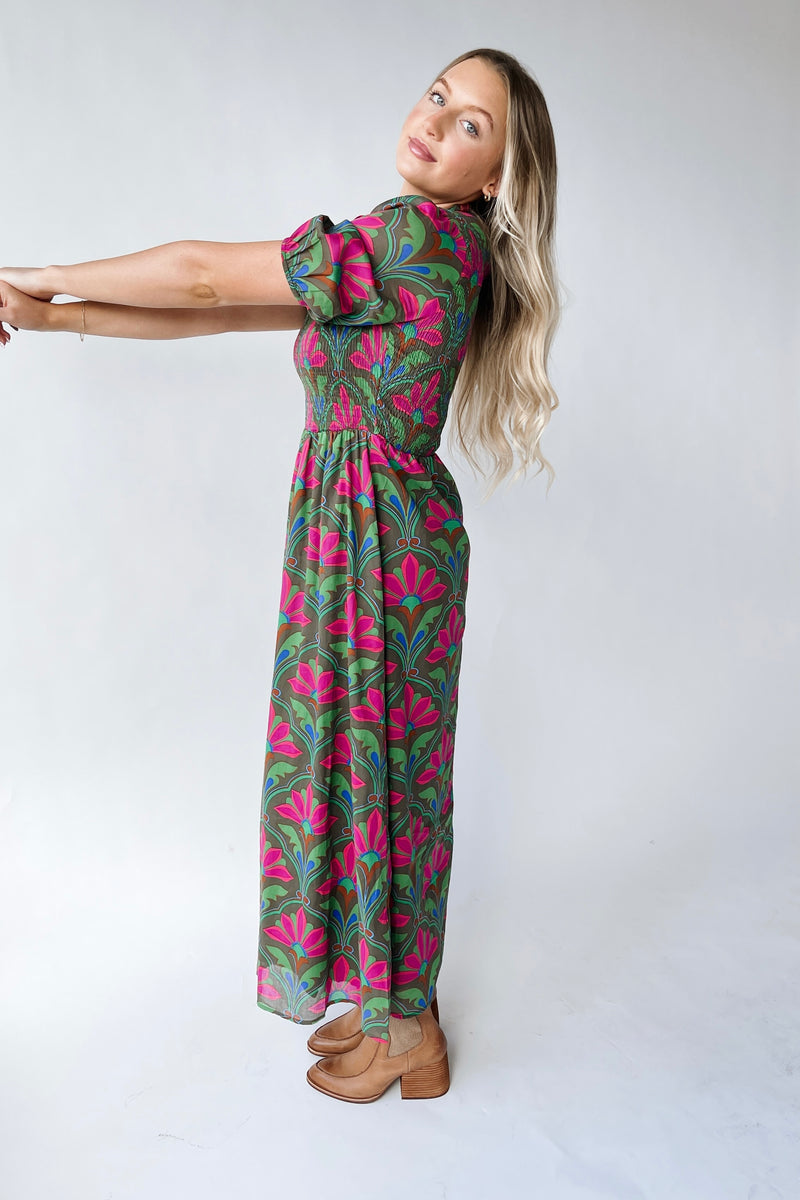 The Kristin Floral Smocked Maxi Dress in Kelly Green + Pink