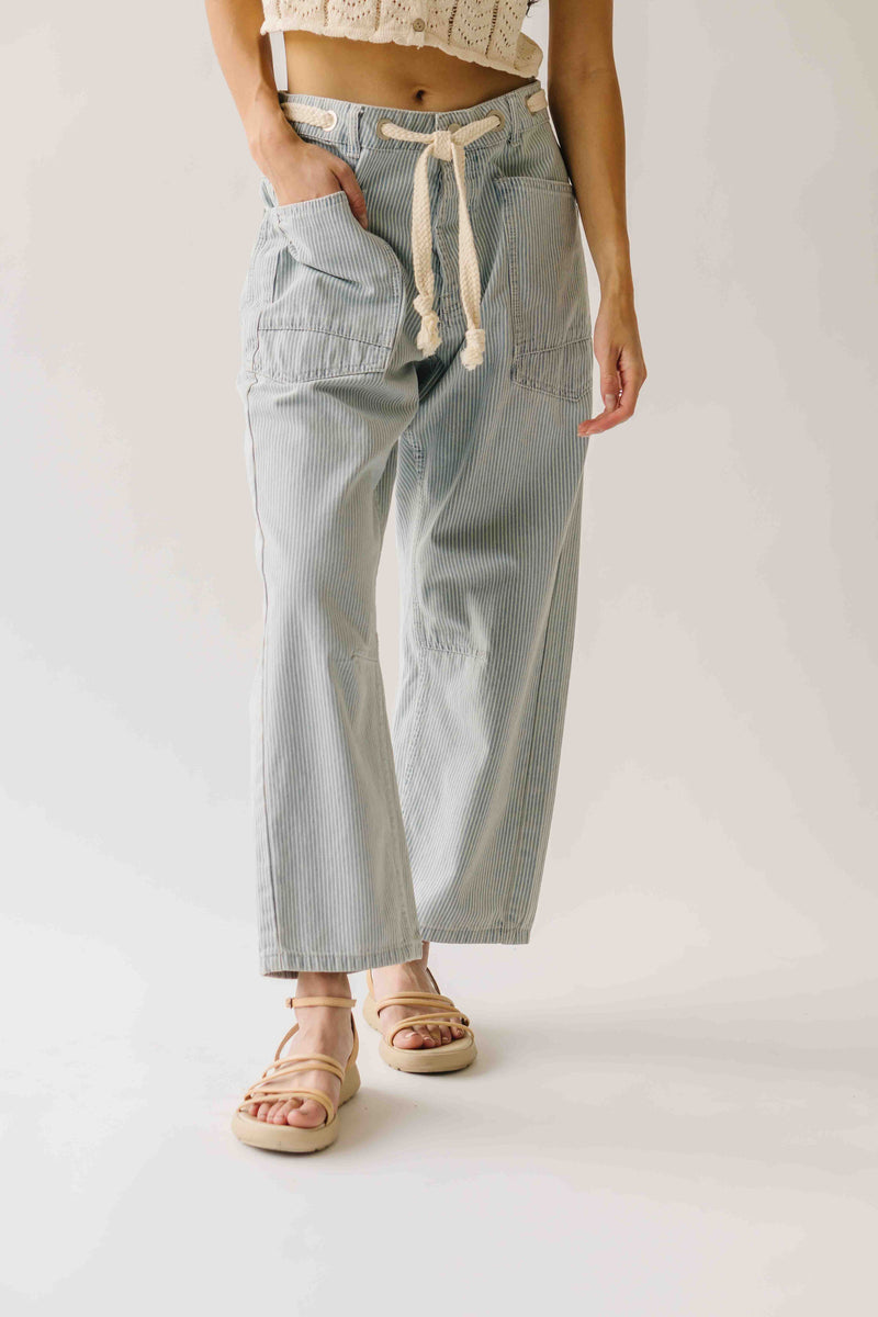 The Yorkana Eyelet Waist Barrel Jean in Striped Denim