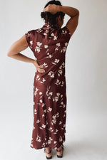 The Kendi Satin Mock Neck Maxi Dress in Brick