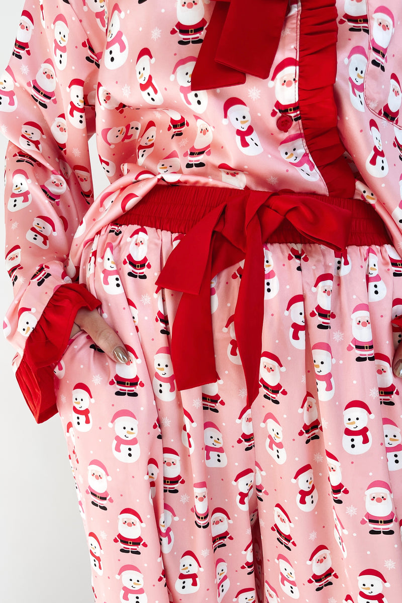 The Holly Jolly Ruffle Pajama Set in Pink + Red