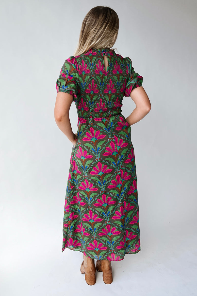 The Kristin Floral Smocked Maxi Dress in Kelly Green + Pink