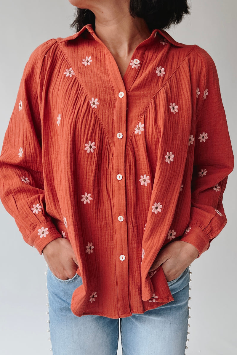 The Townsley Floral Embroidered Blouse in Rust