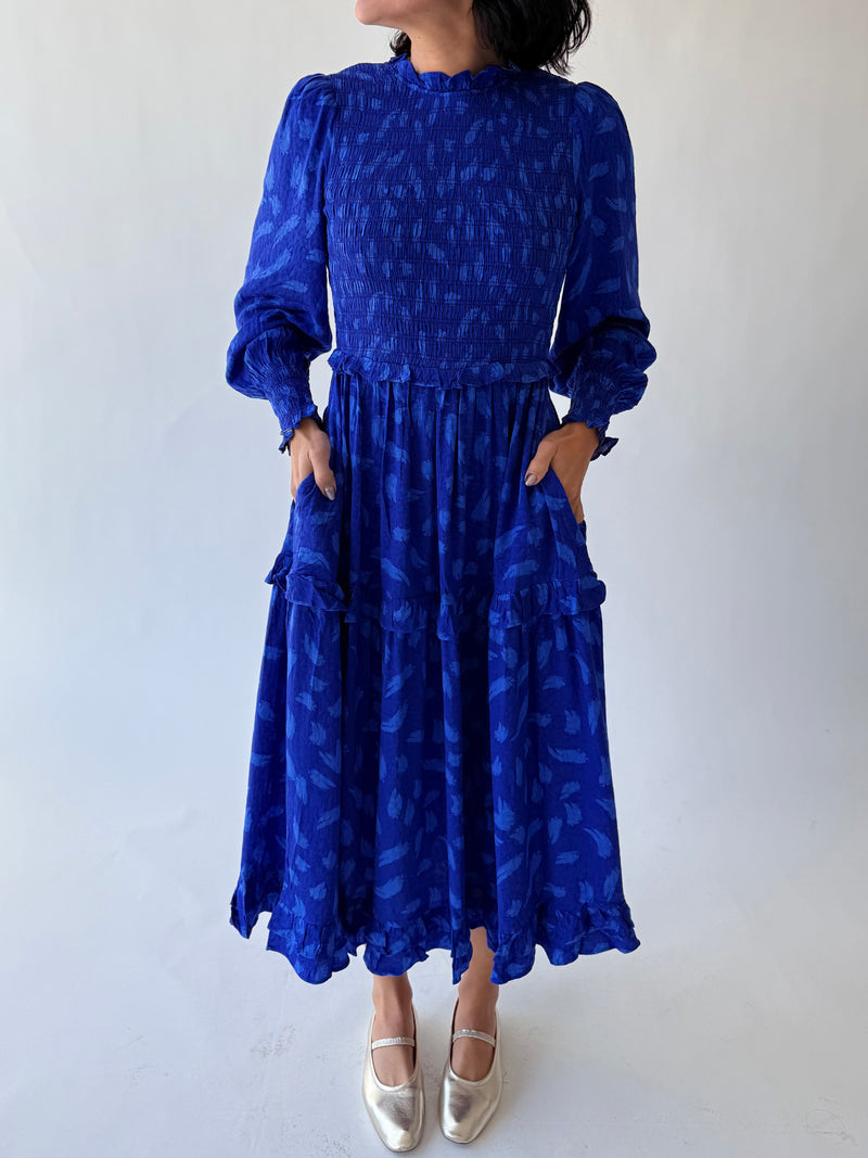 The Darya Smocked Midi Dress in Cobalt