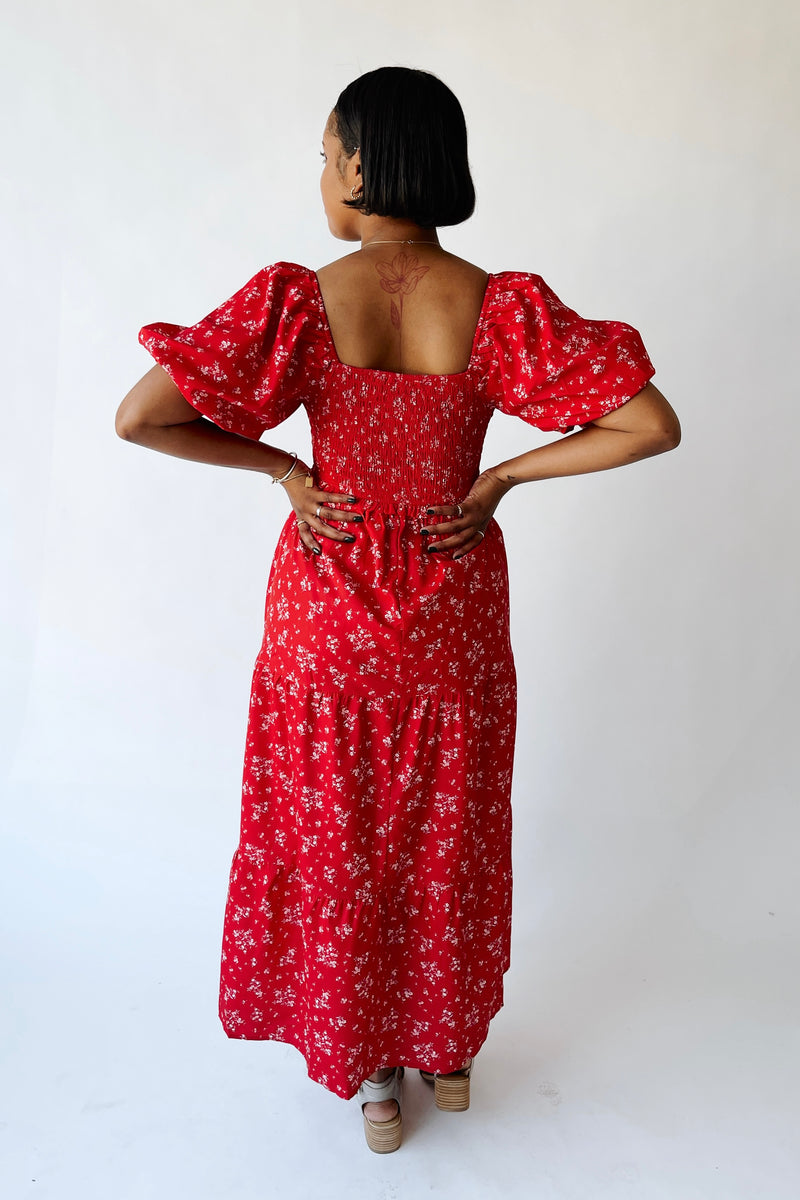 The Danika Bubble Sleeve Maxi Dress in Red Multi
