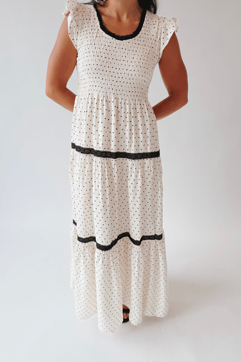 The Andrea Polka Dot Tiered Maxi Dress in Natural