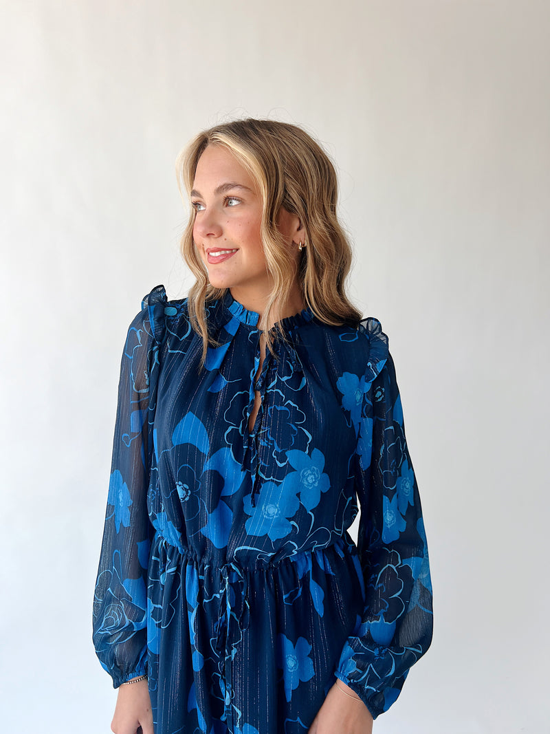 The Kristen Floral Midi Dress in Navy + Blue