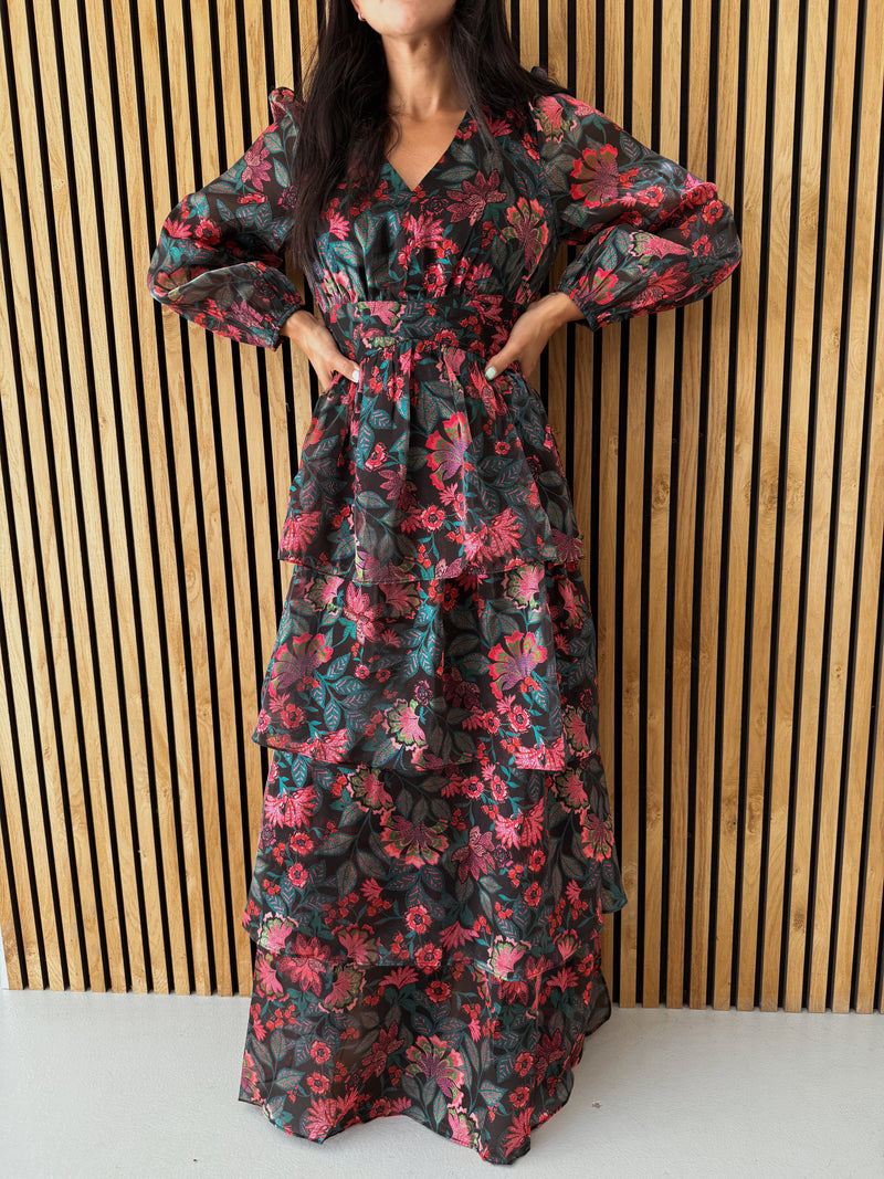 The Keshla Tiered Organza Maxi Dress in Black + Red