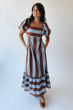 The David Square Neck Striped Dress in Brown + Blue
