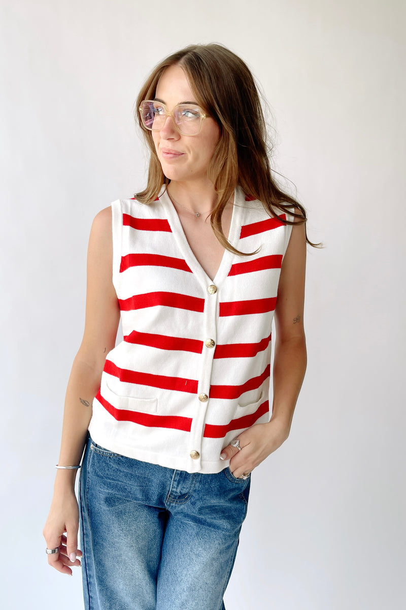 The Hanney Striped Knit Sweater Vest in Red + White