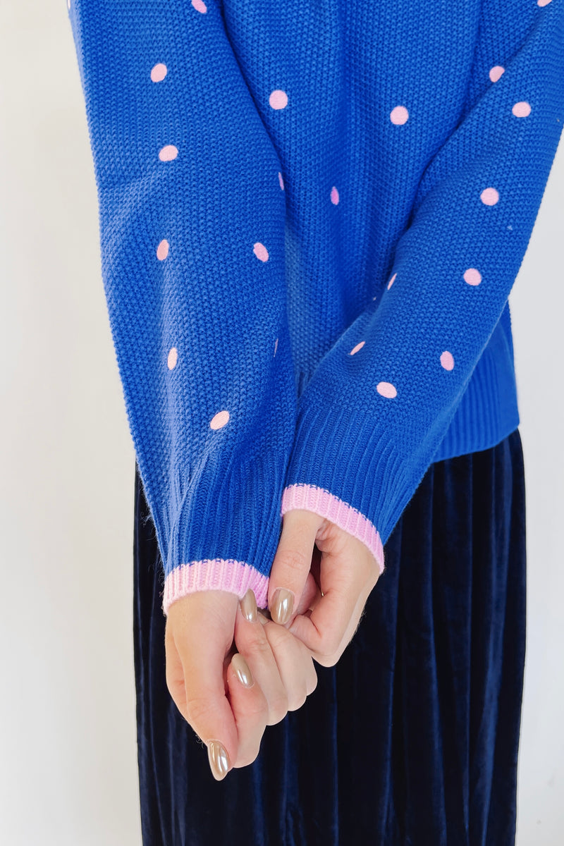 The Luxie Polka Dot Contrast Sweater in Cobalt
