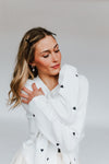 The Riggs Heart Embroidered Button-Down Sweater in Black + White