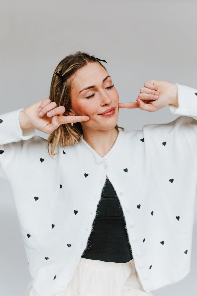 The Riggs Heart Embroidered Button-Down Sweater in Black + White