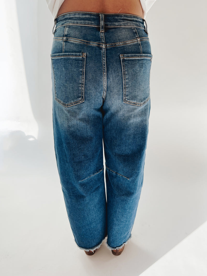 The Wolfert Distressed Ankle Barrel Jean in Medium Denim