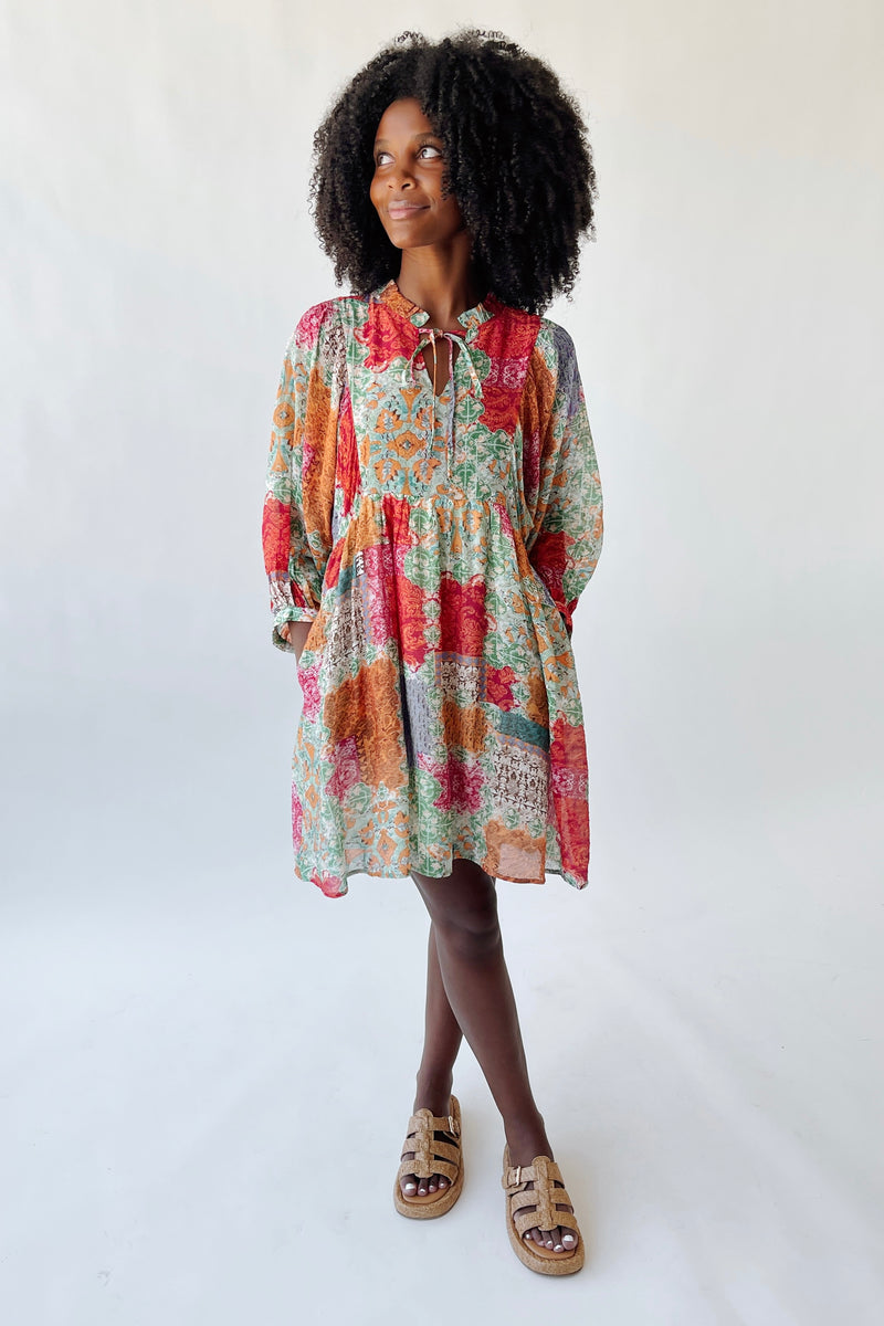The Ruffino Patterned Puff Sleeve Dress in Lavender Multi