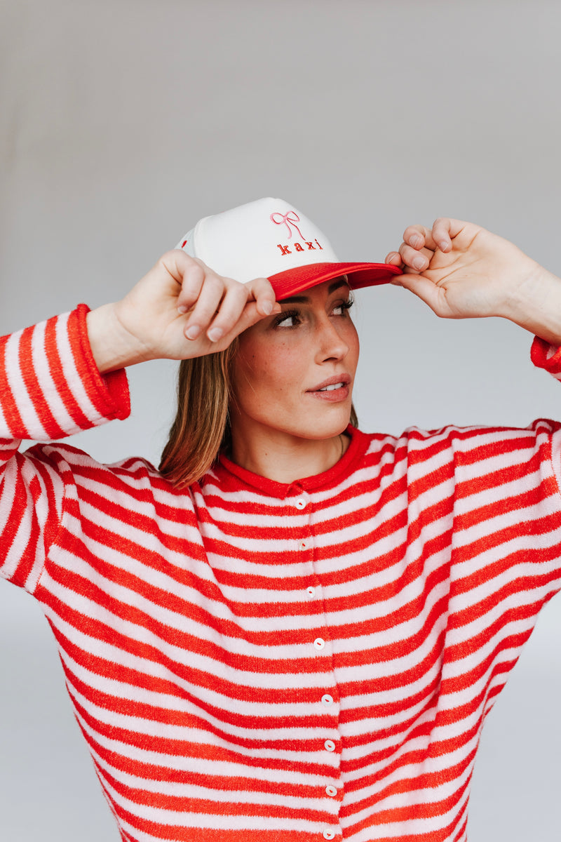 The Riggs Button-Down Sweater in Pink + Red Stripe