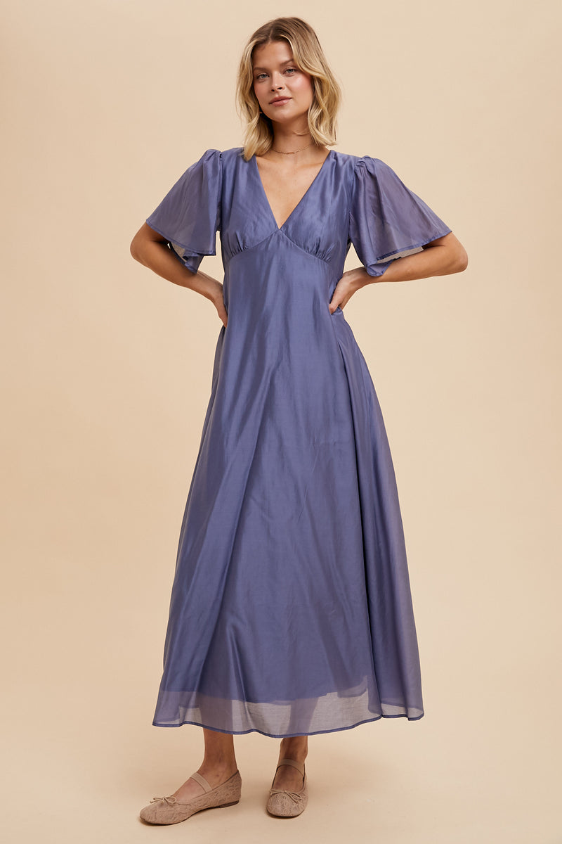 The Harston Flutter Sleeve Maxi Dress in Midnight Blue