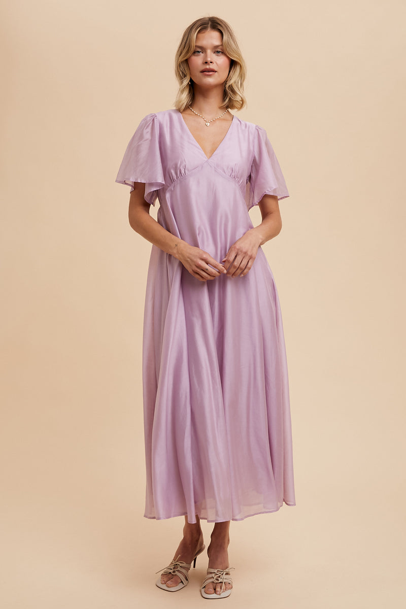 The Harston Flutter Sleeve Maxi Dress in Lilac
