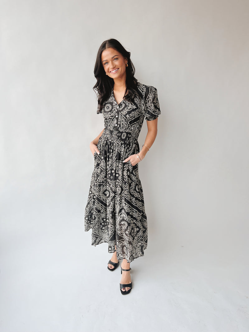 The Takita Paisley Patterned Midi Dress in Black