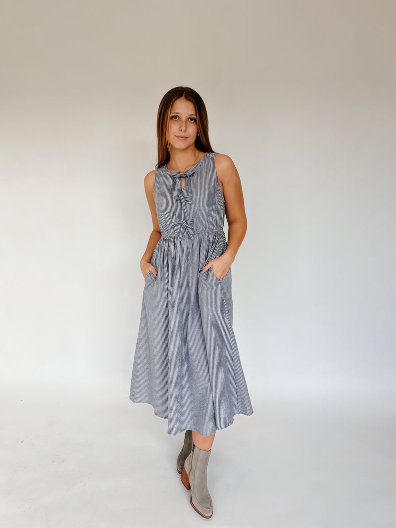 The Margery Striped Bow Detail Midi Dress in Denim + White