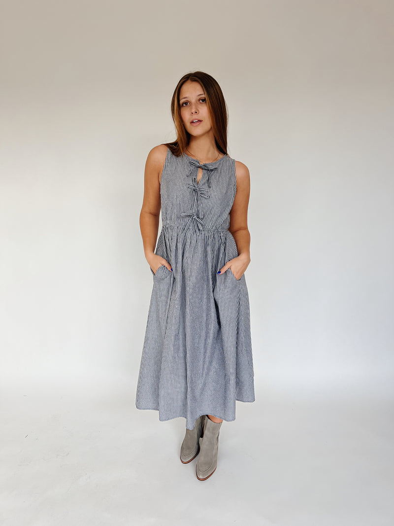 The Margery Striped Bow Detail Midi Dress in Denim + White