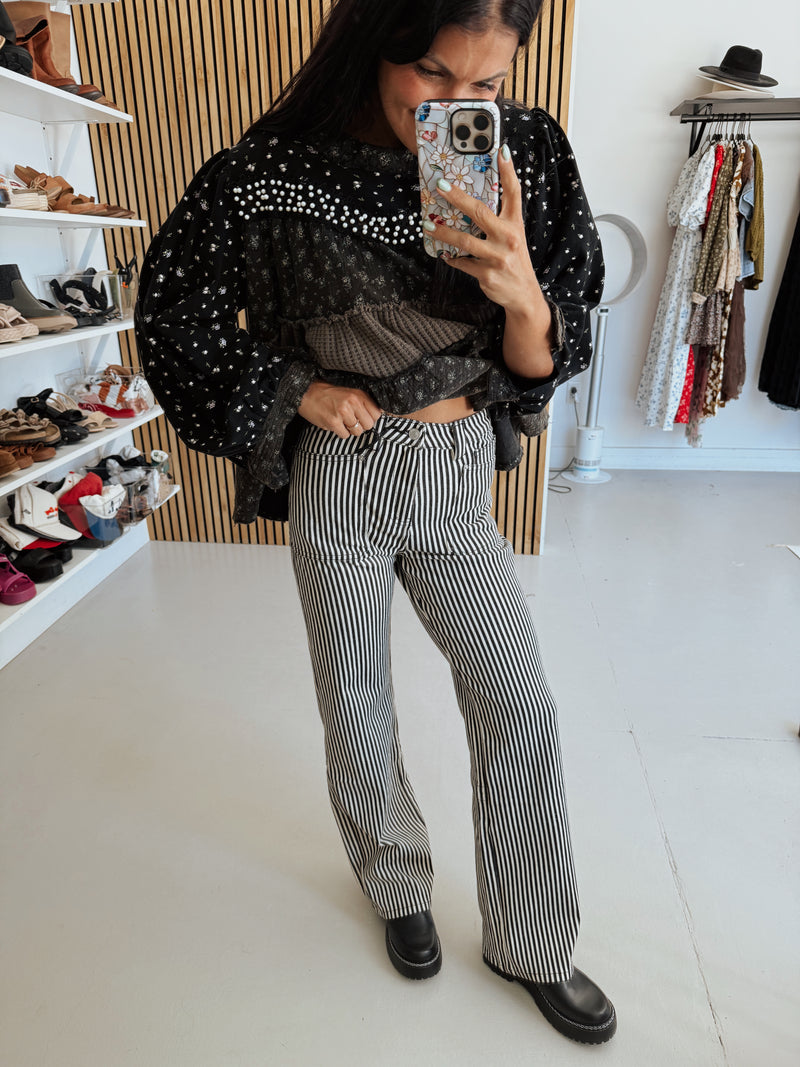 The Ellen Straight Leg Jean in Black + Tan Stripe