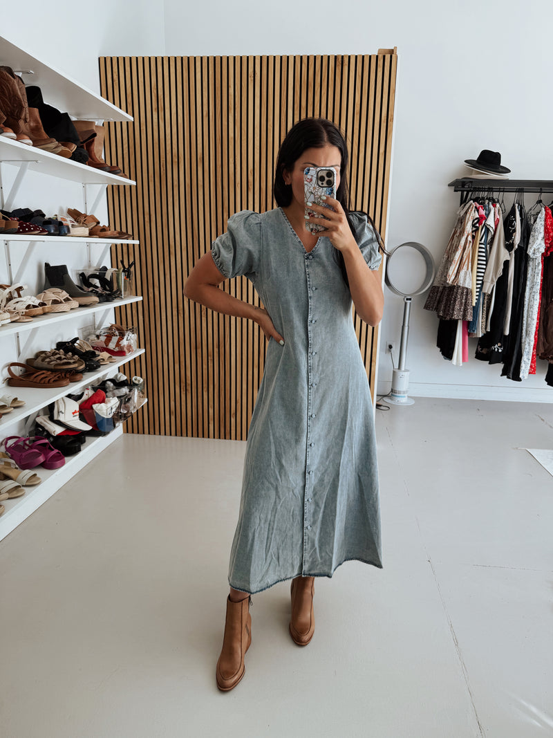 The Zora Button-Up Midi Dress in Medium Denim